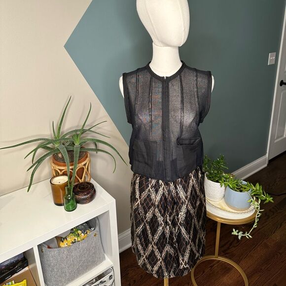 Black Sheer Utility Vest Layering Piece Linen Zip-Up Sleeveless Top Size Small - Picture 3 of 12